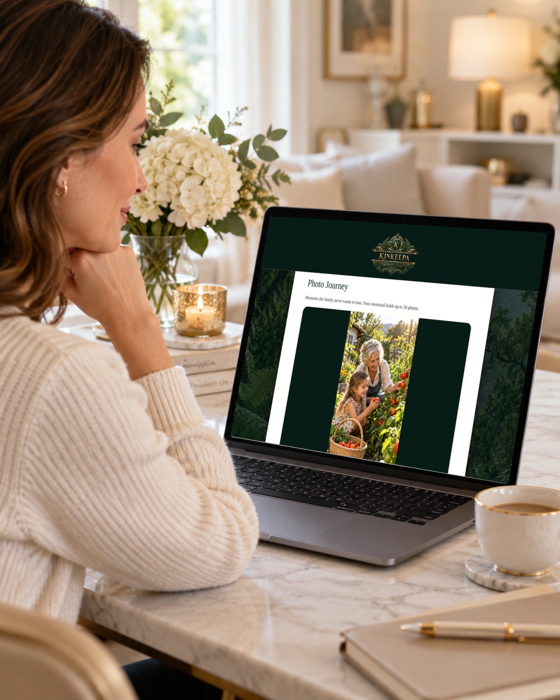Woman viewing the Grace Walker sample KINKEEPA memorial on a laptop