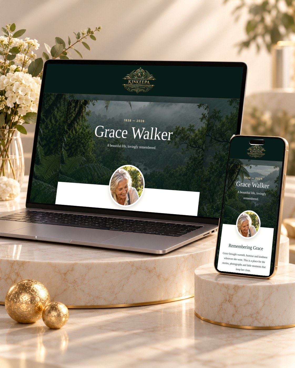 The Grace Walker sample KINKEEPA memorial displayed on a laptop and phone