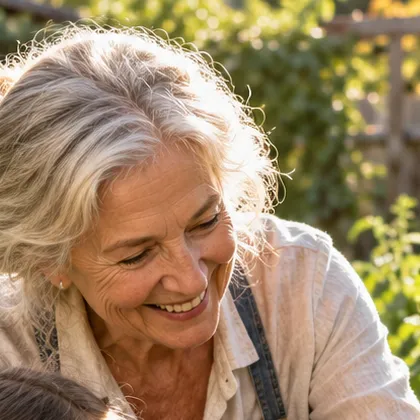 Grace smiling in her vegetable garden